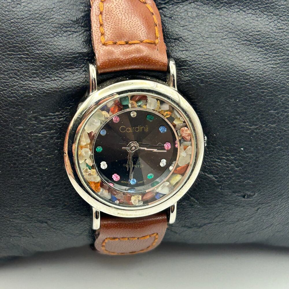 Cardini Women's Watch Floating Multi-Color Stones Gold Bezel Leather Strap